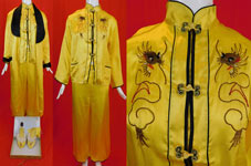 Vintage Japanese Yellow Nylon Gold Couching Embroidered Dragon Pajamas Set
