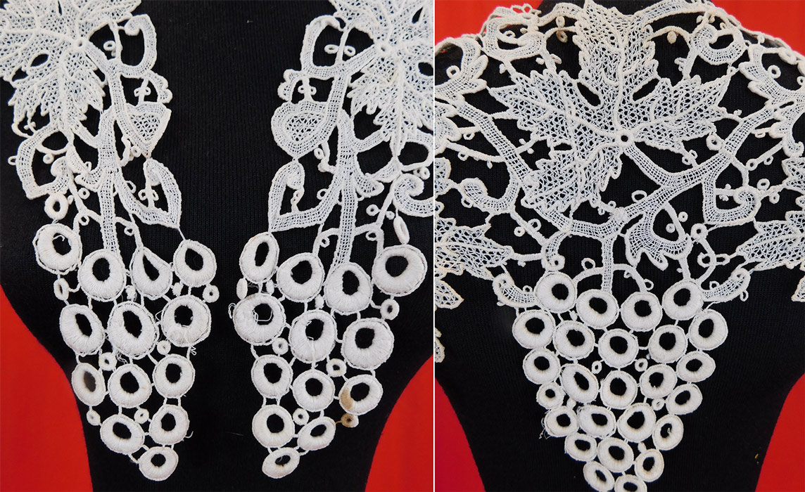 Victorian Antique Gros Point de Venise Grapes Vine Leaf Needlepoint Lace Collar Trim
The collar measures 32 inches long and is 9 inches wide across the back. 