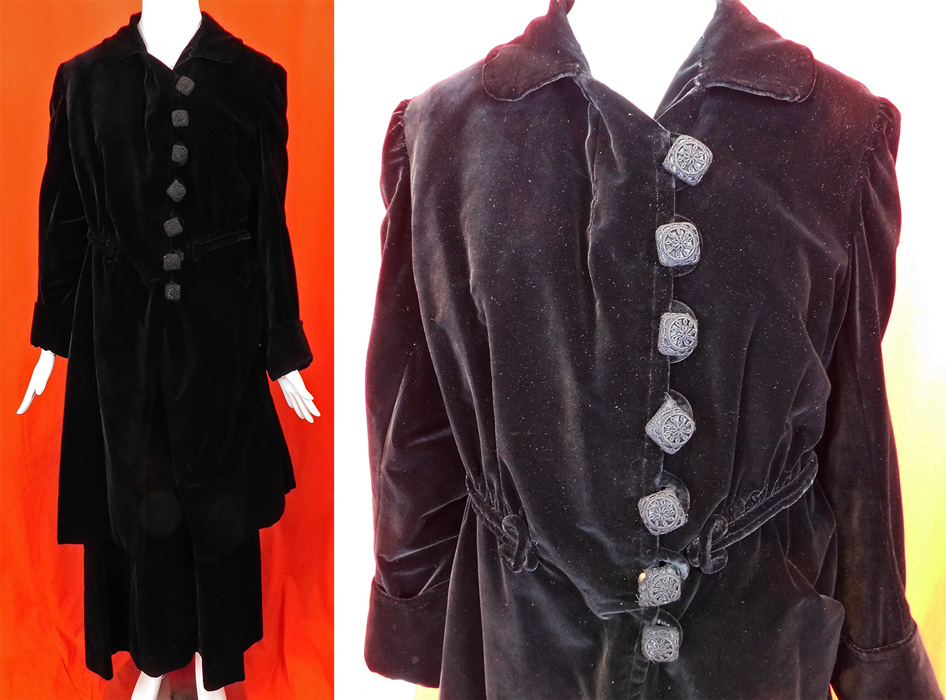 Edwardian Black Velvet Crochet Button Trim Winter Walking Suit Long Coat Jacket Skirt
This antique Edwardian era black velvet crochet button trim winter walking suit long coat jacket and skirt dates from 1910. It is made of a black silk velvet fabric with black velvet twisted raised rope trim accents on the waist. 