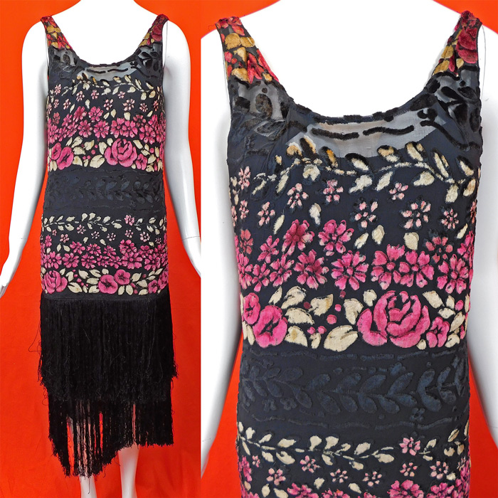 Vintage Martha Weathered Floral Devore Voided Velvet Silk Fringe Flapper Tango Dress
This fabulous flapper style tango dance dress has a straight sheath fitted style, sleeveless, with low rounded scoop necklines, a tiered layered fringe asymmetrical handkerchief hemline skirt and is lined in a black silk slip