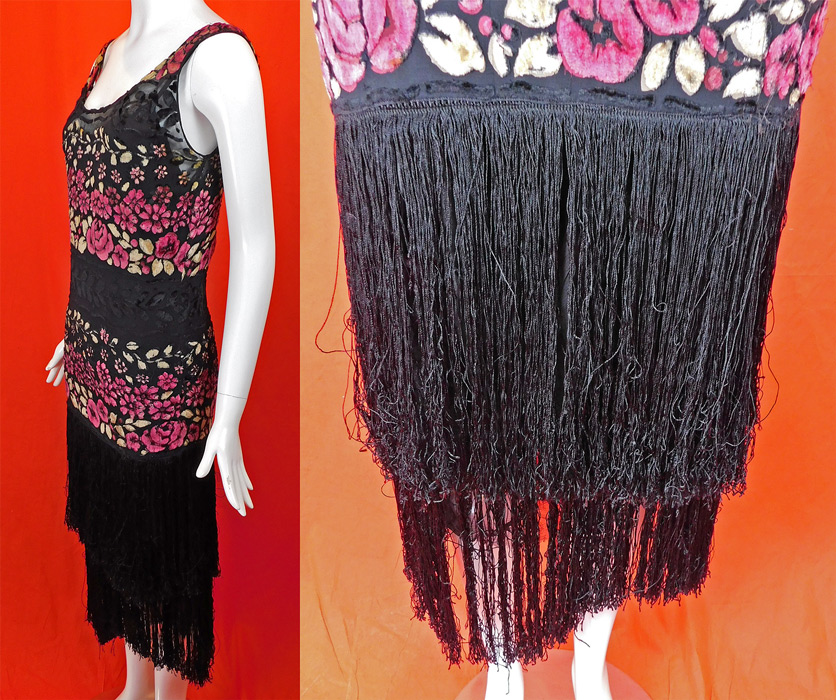 Vintage Martha Weathered Floral Devore Voided Velvet Silk Fringe Flapper Tango Dress
It is made of a sheer black silk chiffon pink and cream floral vine leaf print voided velvet burnout devore fabric and black silk fringe trim on the bottom. 