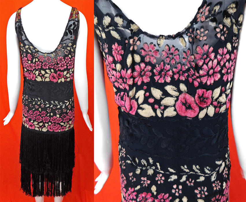 Vintage Martha Weathered Floral Devore Voided Velvet Silk Fringe Flapper Tango Dress
The dress measures 46 inches long, with a 34 inch bust, 28 inch waist and 32 inch hips. It is in excellent condition. This is truly a wonderful piece of wearable Art Deco textile art!