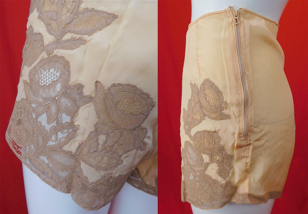 Vintage Zipanty Pink Silk Ecru Lace Trim Tap Pants Panties Lingerie
This vintage Zipanty pink silk ecru lace trim tap pants panties lingerie date from the 1940s. It is made of a pale pink silk fabric with ecru flower pattern lace inserts and lace trim edging. 