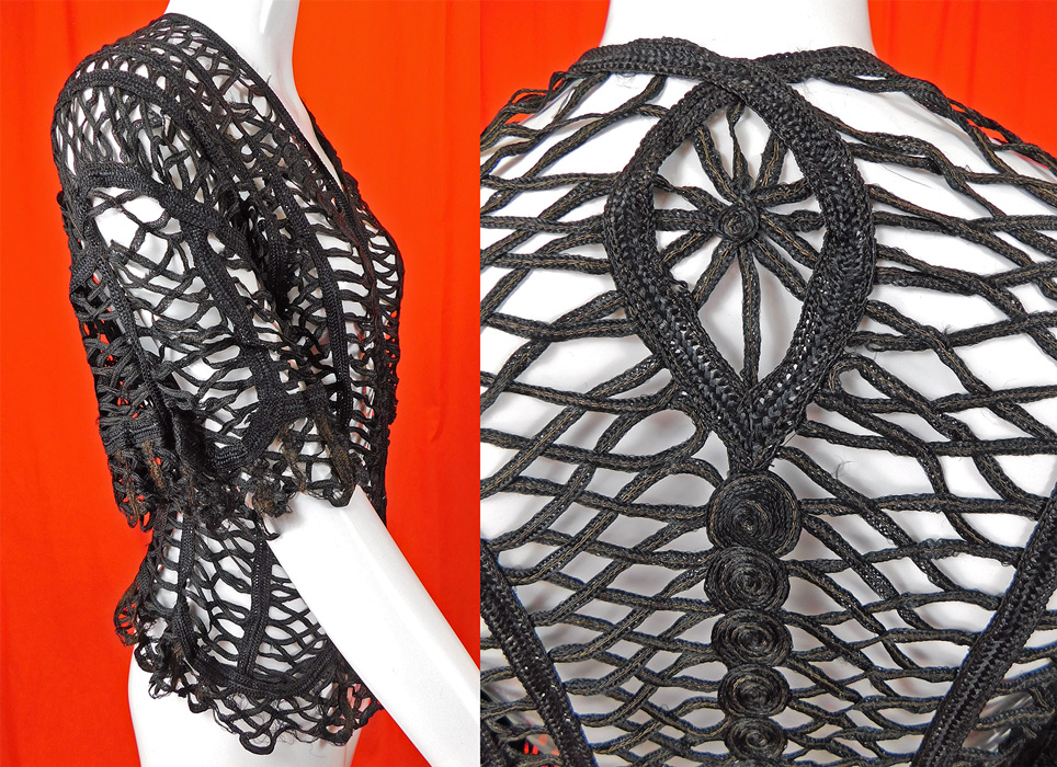 Victorian Black Silk Battenburg Braided Woven Tape Lace Latticework Jacket
The jacket measures 24 inches long, with a 34 inch bust and 26 inch waist.