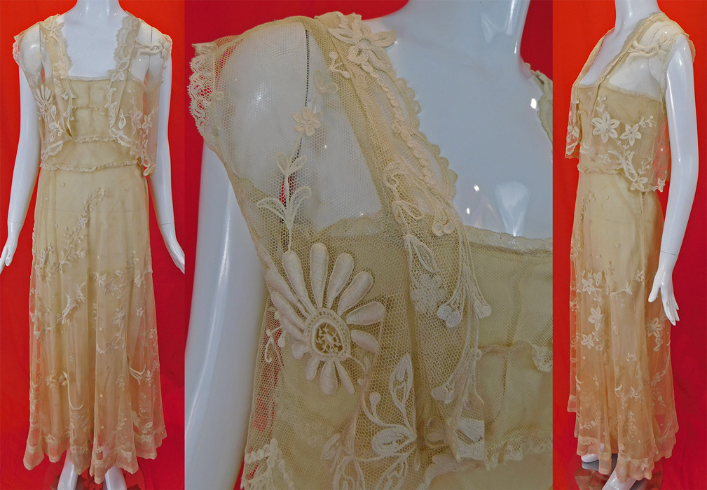 Vintage Cream Tambour Embroidery Net Lace Dress Slip Vest Jacket Top
This lovely lace gown is a long floor length with a full skirt, bias cut, lace straps, lace trim top, side snap closures on both the outer dress and inner silk slip lining sewn inside. 