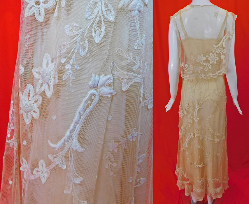 Vintage Cream Tambour Embroidery Net Lace Dress Slip Vest Jacket Top
The dress measures 56 inches long, with a 34 inch bust, 28 inch waist and 44 inch hips. 