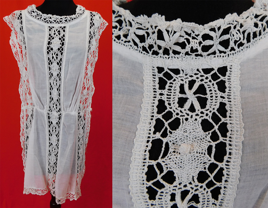 Edwardian White Cotton Batiste Cluny Torchon Bobbin Lace Tabard Tunic Top Dress
This lovely lace tunic tabard top style dress has a front and back matching lace panels, with open sides, loose fitting, sleeveless, back hook closures and is sheer because it is unlined worn as an overdress. 