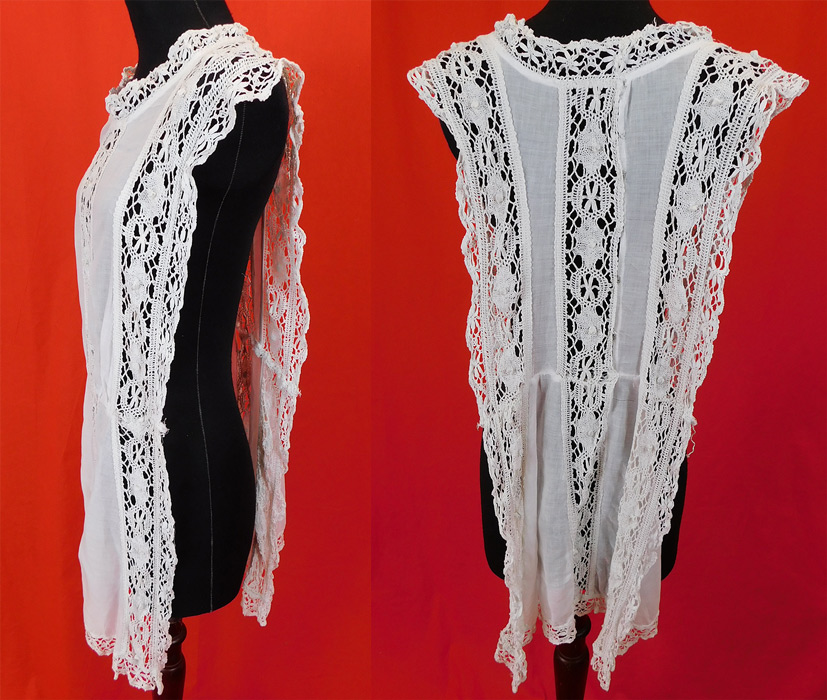 Edwardian White Cotton Batiste Cluny Torchon Bobbin Lace Tabard Tunic Top Dress
The dress measures 32 inches long and the panels are 14 inches wide. 