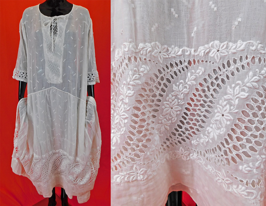 Vintage White Cotton Batiste Embroidered Eyelet Cutwork Lace Drop Waist Dress
This vintage white cotton batiste embroidered eyelet cutwork lace drop waist dress dates from the 1920s. It is made of a sheer white cotton batiste fabric with an embroidered three diamond dash bar pattern throughout, raised padded sating stitch embroidered vine leaf flowers with eyelet cutwork lace details.