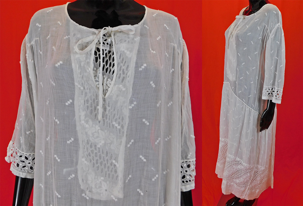 Vintage White Cotton Batiste Embroidered Eyelet Cutwork Lace Drop Waist Dress
This lovely lace loose fitting drop waist shift dress has a keyhole front neckline with embroidered eyelet panel insert removable dickey top snapped inside, an adjustable necktie closure, 3/4 length sleeves, an apron skirt overlay on the front and is sheer, unlined. 