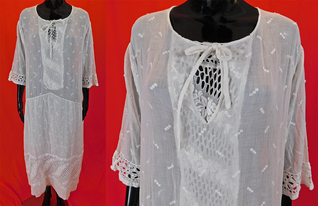Vintage White Cotton Batiste Embroidered Eyelet Cutwork Lace Drop Waist Dress
The dress is a large size measuring 47 inches long, with a 50 inch chest, 50 inch waist, 60 inch hips and a 17 inch back.
