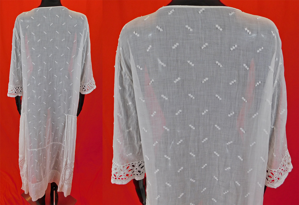 Vintage White Cotton Batiste Embroidered Eyelet Cutwork Lace Drop Waist Dress
It is in good condition, with only a tiny pin hole on the front skirt and some slight fraying along the bottom skirt hemline, necktie.