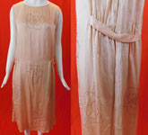 Vintage Art Deco Pink Pastel Silk White Beaded Flowers Drop Waist Flapper Dress
