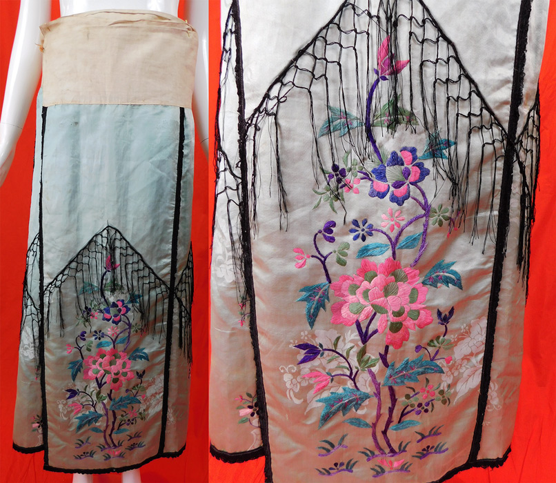 Antique Chinese Blue Silk Damask Floral Embroidered Wrap Wedding Skirt
This antique Chinese blue silk damask floral embroidered wrap wedding skirt dates from the 1920s. It is made of a light blue silk damask weave fabric with a woven floral pattern design and colorful pastel raised padded satin stitch hand embroidery work flowers. 