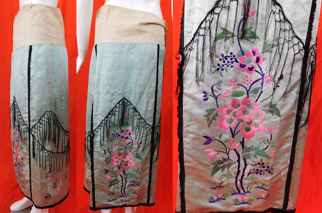 Antique Chinese Blue Silk Damask Floral Embroidered Wrap Wedding Skirt
This beautiful blue bridal traditional wedding skirt has a wrap around style, with a wide cotton waistband, no closures, two matching peony flower embroidered apron skirt panels, side embroidered flowers, black silk fringe draped trim edging and is unlined.