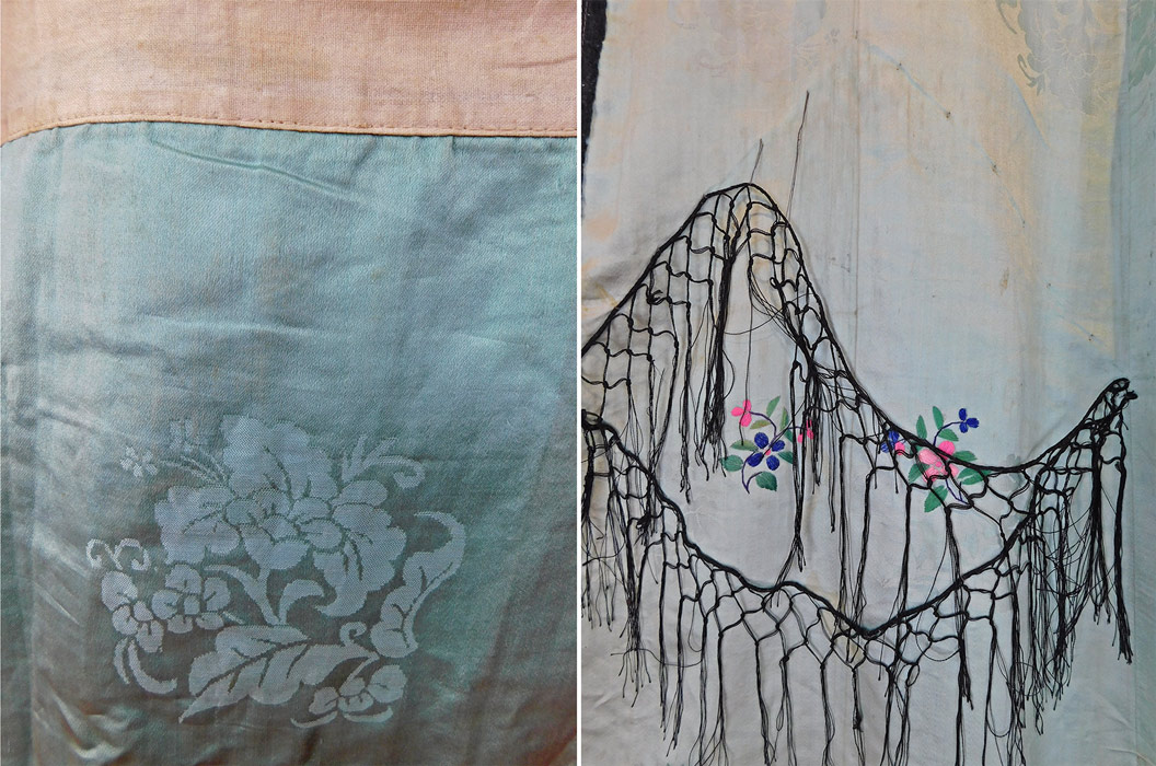 Antique Chinese Blue Silk Damask Floral Embroidered Wrap Wedding Skirt
It is in good as-is condition, with a few faint tiny age spot stains and a small area of loose black fringe trim (see close-up). This is truly a wonderful piece of antique Chinese wearable art!