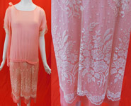 Vintage Pastel Pink Silk White Net Lace Overlay Skirt Belted Drop Waist Dress
