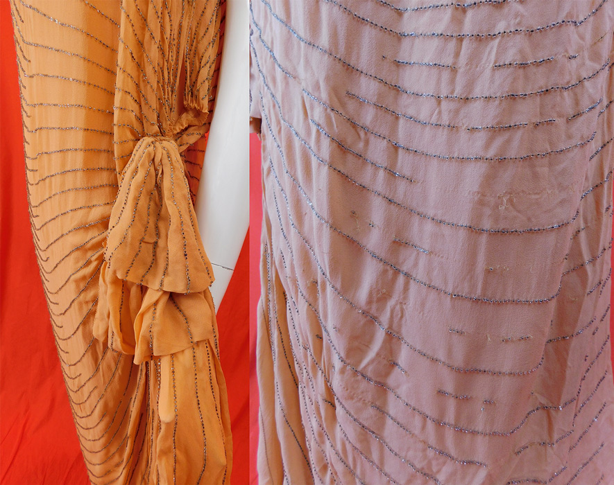 Vintage Art Deco Peach Silk Silver Beaded Grecian Goddess Style Flapper Dress
The dress measures 51 inches long, with a 34 inch bust, 34 inch waist and 40 inch hips. It is in good condition, with some loose missing beads in areas (see close-ups). This is truly a wonderful piece of Art Deco wearable art.