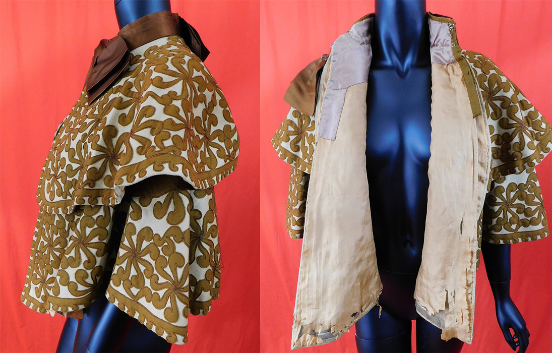 Victorian Brown Beige Wool Pinwheel Applique Silk Bow Trim Winter Cloak Cape
This antique Victorian era brown beige wool pinwheel applique silk bow trim winter cloak cape dates from 1890.