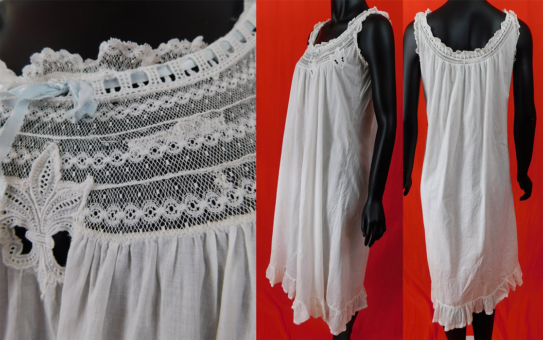 Victorian White Cotton Batiste Lace Fleur de lis Chemise Summer Nightgown Dress
This antique Victorian era white cotton batiste lace Fleur de lis chemise summer nightgown shift dress dates from 1900. It is made of a fine white cotton batiste fabric, with lace trim edging along the yoke neckline collar and fleur de lis lace cutwork applique trim accents. 