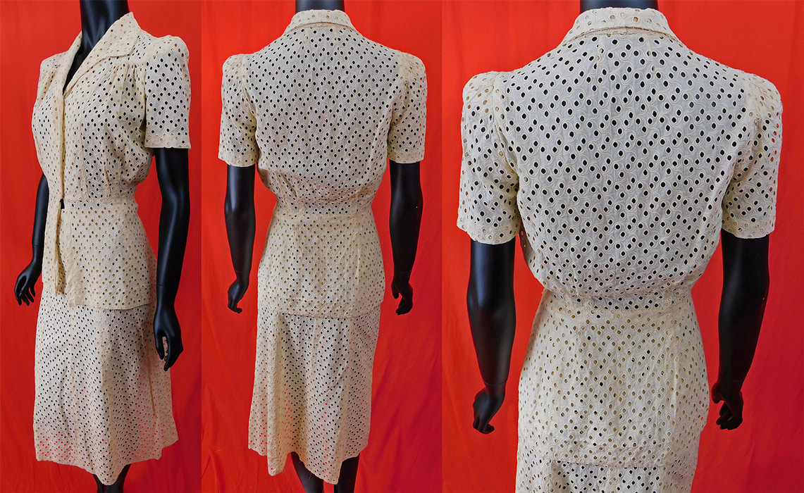 Vintage Blush Pink Eyelet Cutwork Cotton Peplum Blouse Swing Skirt Suit Dress
This stunning two piece separates suit dress outfit includes a long peplum skirted blouse with a fold over lapel collar, gathered shoulders with slight padding, short sleeves, snap closures down the front and is sheer, unlined. The top measures 24 inches long, with a 36 inch bust, 24 inch waist and 13 inch back. There is a matching fabric swing style skirt with a fitted waistband, side zipper closure and is sheer, unlined. 