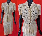 Vintage Blush Pink Eyelet Cutwork Cotton Peplum Blouse Swing Skirt Suit Dress
