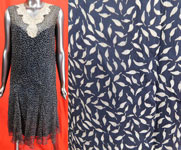 Vintage Art Deco Black & Beige Chiffon Leaf Print Lace Collar Trim Drop Waist Dress
