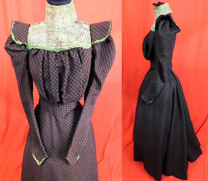 Victorian Green Brown Plaid Wool Blue Tufted Polka Dot Mutton Sleeve Bodice Dress
This wonderful winter two piece gown has a tailored bodice top with a pleated full front, fitted waistband, high neck lace collar, winged shoulders, leg of mutton style tapered sleeves, hook closures down the front and is fully lined in a brown polished cotton fabric with stays, boning sewn inside. The bodice measures 16 inches long, with a 32 inch bust, 22 inch waist, 25 inch long sleeves, 10 inch back and 12 inch neck. There is a matching wool fabric, long floor length full skirt with pleated gathering on the back, a side pocket, braided trim waistband with hook closure on the back and is fully lined in a brown polished cotton fabric with black velvet trim edging along the bottom hem.