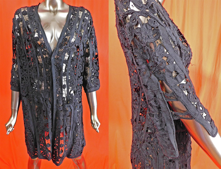 Victorian Black Silk Battenburg Braided Woven Tape Lace Latticework Long Coat
This beautiful black Gothic lace coat jacket has a long knee length, loose fitting style with an open front, no closure, a coattail split vent back, long full sleeves with open slit detail connected with braided straps and is sheer, unlined. The coat measures 36 inches long, with a 40 inch chest, 40 inch waist, 40 inch hips, 15 inch long sleeves and a 15 inch back.