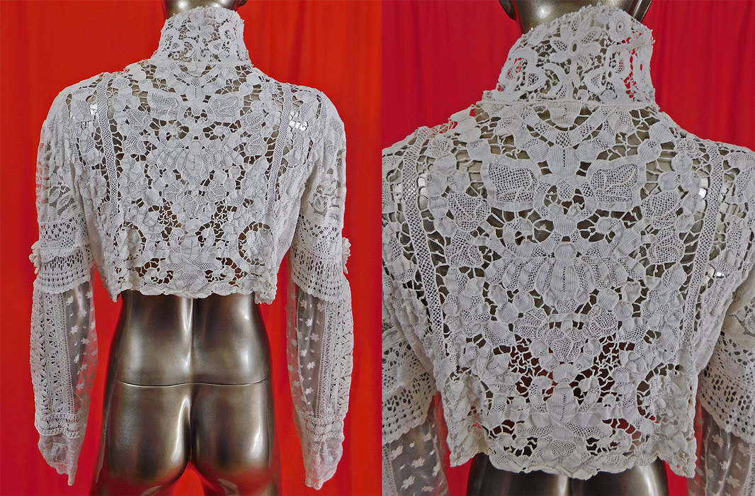 Vintage Victorian Style Point de Venise Needle Lace White Patchwork Short Bolero Jacket 
This lovely lace jacket has a short cropped bolero shrug style, with an open front, no closure, long sleeves, an upturned collar which can be worn folded down and is sheer, unlined.