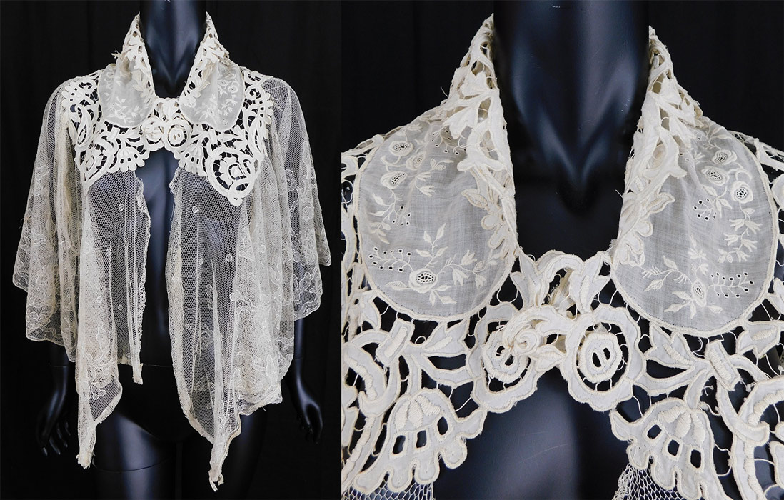 Victorian Cream Embroidered Net Tape Lace Shawl Collar Cloak Cape Pelerine 
