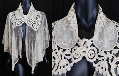 Victorian Cream Embroidered Net Tape Lace Shawl Collar Cloak Cape Pelerine 
