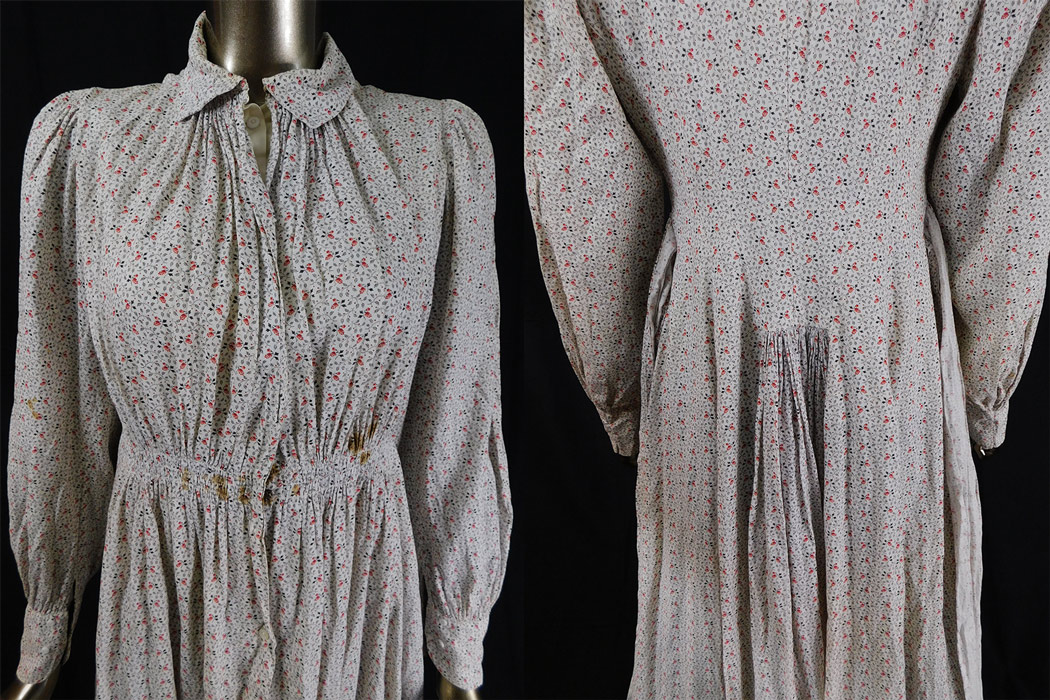 Victorian Black & White Red Roses Print Calico Wrapper Women's Workwear Dress
It is made of a white cotton calico fabric with a black vine leaf and red roses floral print design pattern. 