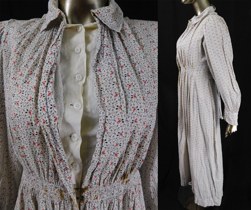 Victorian Black & White Red Roses Print Calico Wrapper Women's Workwear Dress
The dress measures 52 inches long, with a 3 inch bottom hem which could be let down, a 38 inch chest, 28 inch waist, 60 inch hips, 25 inch long sleeves and a 13 inch back.