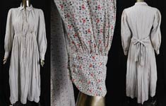 Victorian Black & White Red Roses Print Calico Wrapper Women's Workwear Dress
