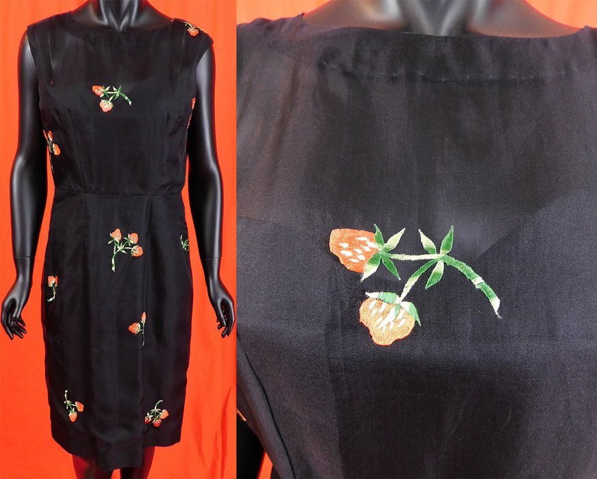 Vintage Black Organdy Organza Red Strawberry Embroidered Sheath Cocktail Dress
This luscious sexy strawberry sheath dress has a form fitting, sleeveless, knee length pencil skirt style, back zipper closure and is lined in a strapless sweetheart neckline slip sewn inside. 