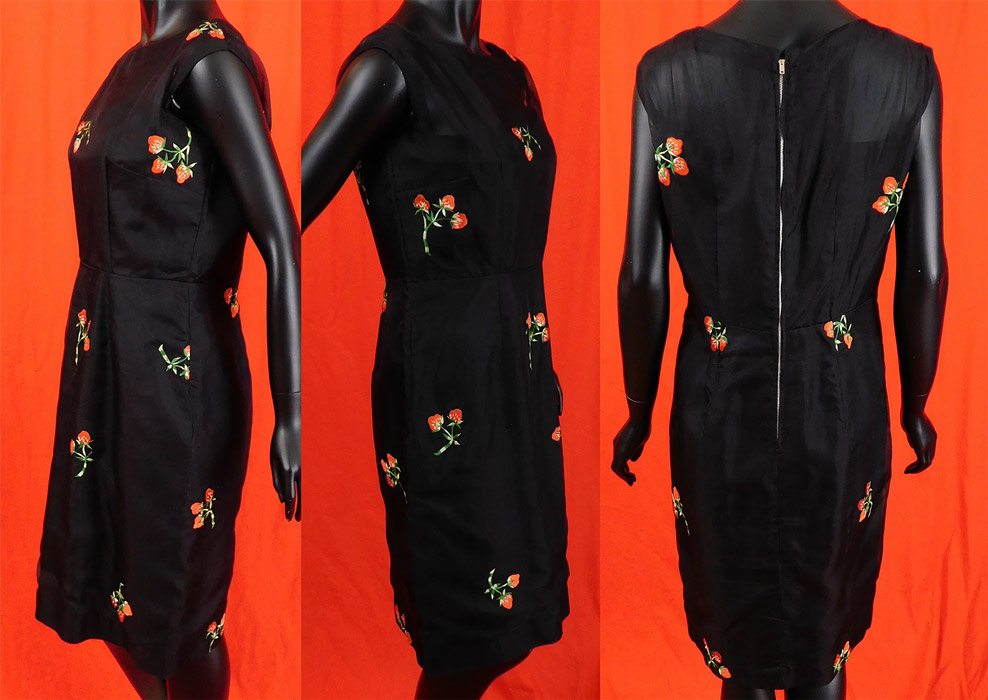 Vintage Black Organdy Organza Red Strawberry Embroidered Sheath Cocktail Dress
This vintage black organdy organza red strawberry embroidered sheath cocktail dress dates from 1960. It is made of a sheer black cotton organdy organza fabric with red strawberries, green ombre stem leaves embroidery work. 