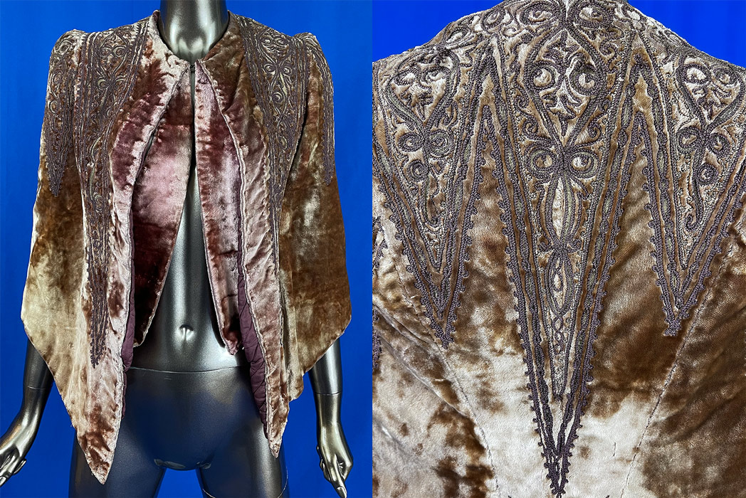 Victorian Gold Velvet Embroidered Soutache Passementerie Trim Dolman Mantle Cape
It is made of a golden beige color and faded mauve color velvet fabric with gold metallic, brown cord embroidered raised braided soutache passementerie decorative trim accents. 