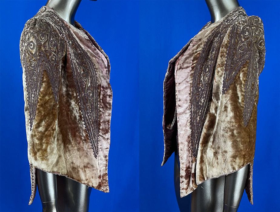 Victorian Gold Velvet Embroidered Soutache Passementerie Trim Dolman Mantle Cape
This magnificent dolman mantle style cape has a tailored fitted back, gathered puffed shoulders, attached velvet strap panels open front no sleeves set in, hook closure at the neck and is fully lined in a mauve silk quilted fabric cotton batting sewn inside for warmth.