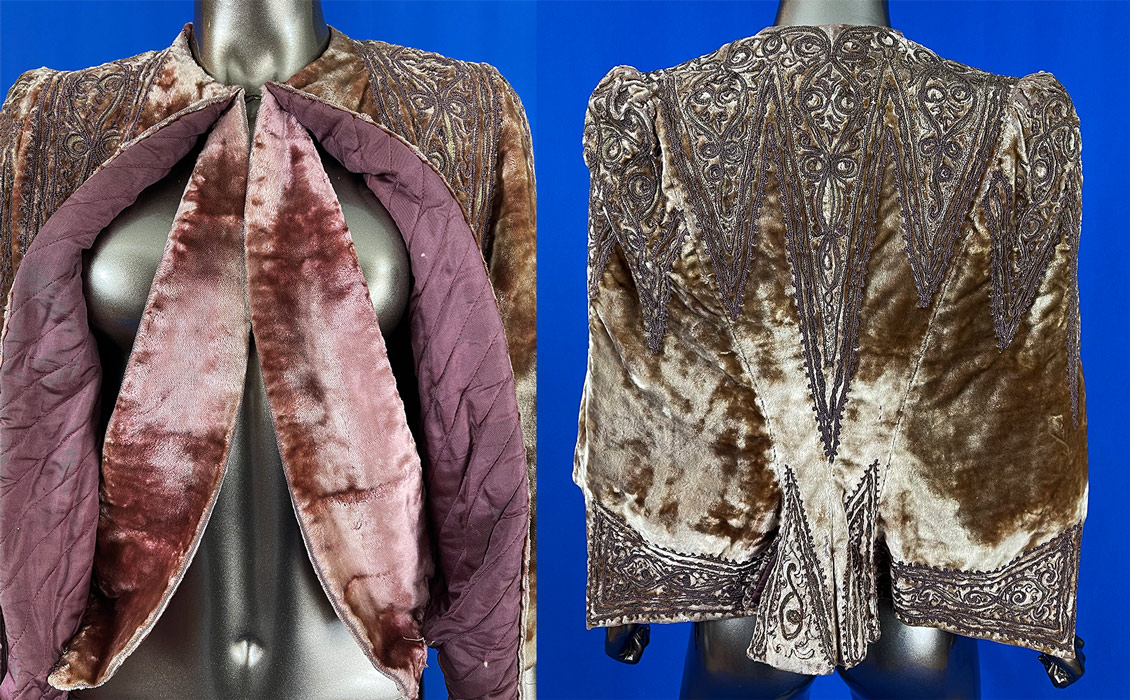 Victorian Gold Velvet Embroidered Soutache Passementerie Trim Dolman Mantle Cape
The mantle measures 24 inches long, with a 44 inch chest and 12 inch back