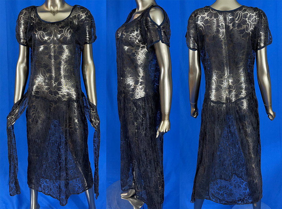 Vintage Art Deco Navy Blue Silk Filet Lace Net Cut Out Sleeve Drop Waist Dress
This vintage Art Deco navy blue silk filet lace net cut out sleeve drop waist dress dates from the 1920s. It is made of dark navy blue color sheer fine silk filet lace net mesh woven fabric with a floral polka dot pattern design and blue silk trim edging along the neckline, sleeves. 