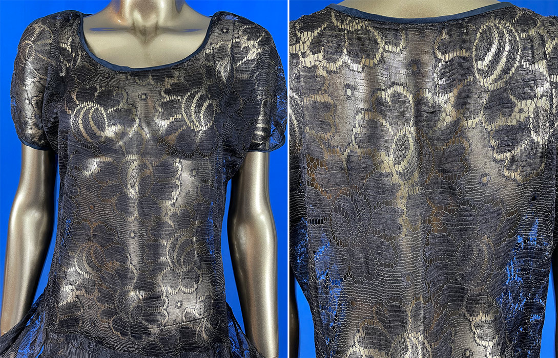 Vintage Art Deco Navy Blue Silk Filet Lace Net Cut Out Sleeve Drop Waist Dress
This lovely lace flapper dress has a drop waist, with long lace sash panels hanging down either side of the skirt, a scoop neckline, short key hole opening cut out sleeves with snap closures on the shoulders and is sheer, unlined. The dress measures 49 inches long, with a 42 inch chest, 34 inch waist and 44 inch hips. It is in excellent condition. This is truly a wonderful piece of Art Deco lace wearable art!