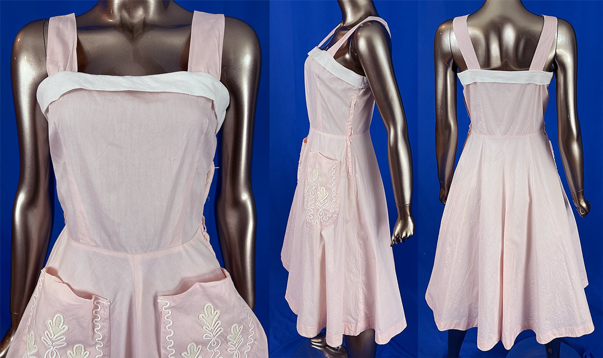 Vintage Pink Cotton White Pique Soutache Embroidery Trim Circle Skirt Sun Dress
This vintage pink cotton white pique soutache embroidery trim circle skirt sun dress dates from the 1950s. It is made of a pale pink pastel color cotton fabric with white cotton pique waffle cloth textured fabric trim edging the top neckline and decorative raised soutache embroidery work on the large patch pockets front skirt.