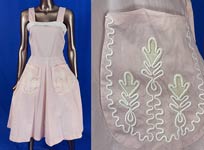 Vintage 1950s Pink Cotton White Pique Soutache Embroidery Trim Circle Skirt Sun Dress

