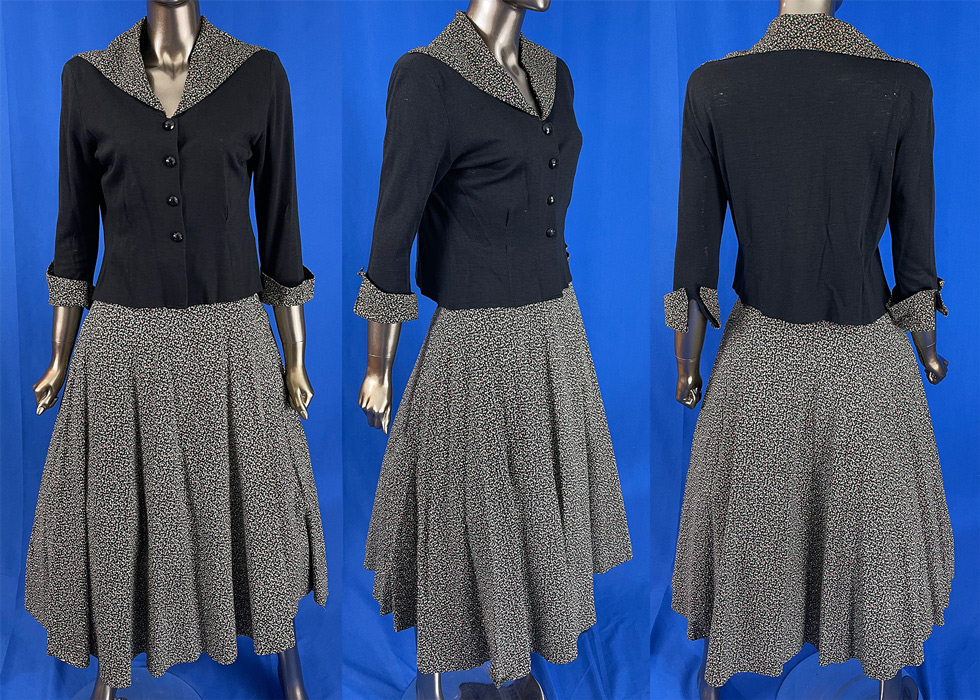 Vintage Judy Bond Black Wool Cardigan Sweater Floral Novelty Print Circle Skirt Set
This vintage Judy Bond black wool cardigan sweater floral novelty print circle skirt set dates from the 1950s. The sweater is made of a black fine wool with a black cotton fabric background and multicolored flowers, hearts, diamonds novelty print pattern design on the skirt, collars, cuffs. 