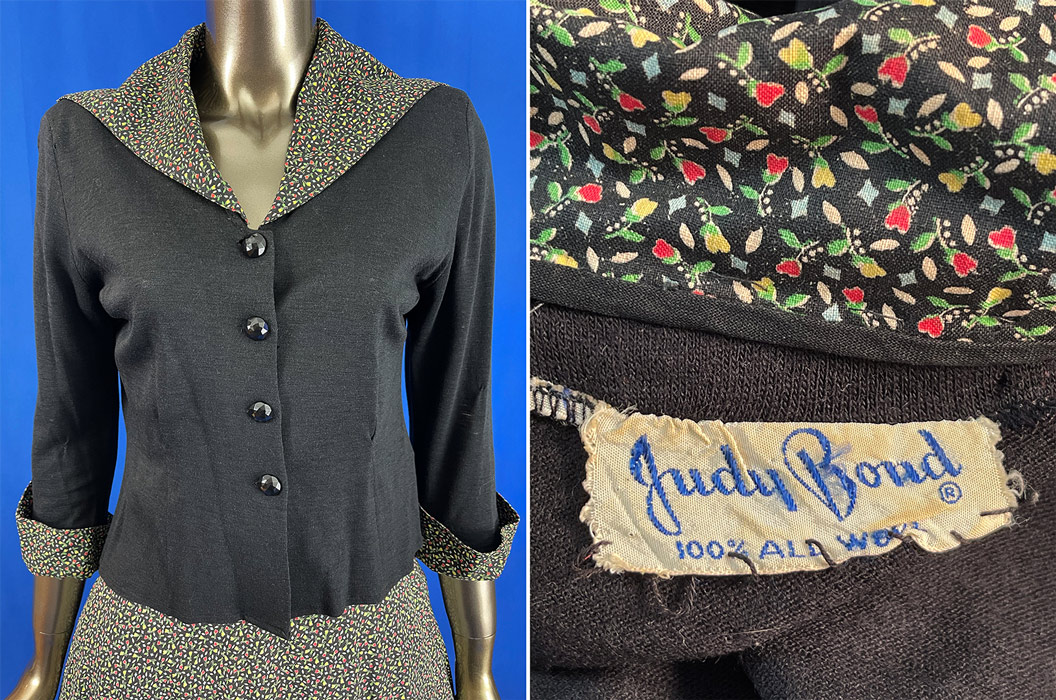 Vintage Judy Bond Black Wool Cardigan Sweater Floral Novelty Print Circle Skirt Set
This sensational sweater set dress two piece outfit has a black wool cardigan sweater top with a fitted tailored style, a wide fold over collar, rolled cuffs, 3/4 length sleeves, slight shoulder padding, black faceted glass buttons down the front for closure, is sheer, unlined and has a "Judy Bond" designer label sewn inside. The sweater measures 19 inches long, with a 38 inch chest, 30 inch waist, 18 inch long sleeve and 16 inch back. There is a full circle skirt with a fitted waist, side zipper, button waistband closure and is unlined.
