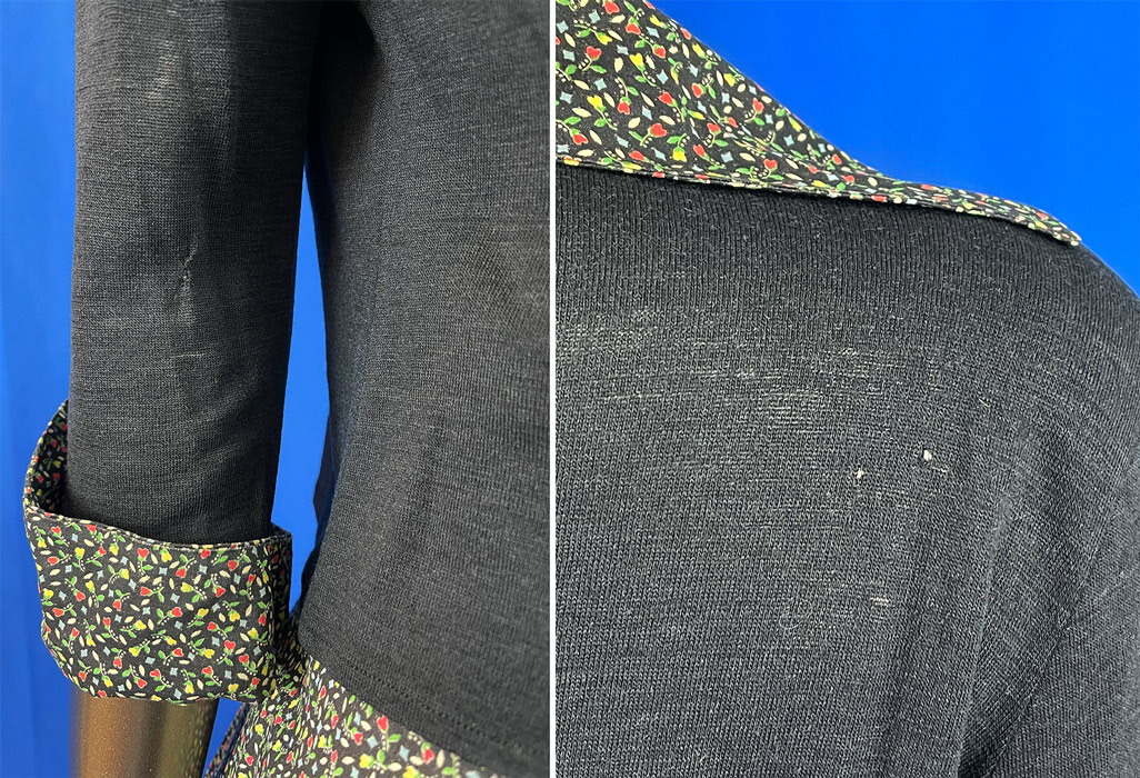 Vintage Judy Bond Black Wool Cardigan Sweater Floral Novelty Print Circle Skirt Set
The sweater measures 19 inches long, with a 38 inch chest, 30 inch waist, 18 inch long sleeve and 16 inch back. There is a full circle skirt with a fitted waist, side zipper, button waistband closure and is unlined. The skirt measures 31 inches long, with a 28 inch waist and 58 inch hips. It is in good condition, with a few tiny mended repairs and moth pin holes on the sweater (see close-ups). This is truly a wonderful piece of wearable art.