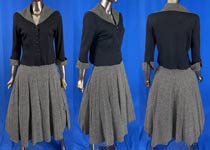 Vintage Judy Bond Black Wool Cardigan Sweater Floral Novelty Print Circle Skirt Set
