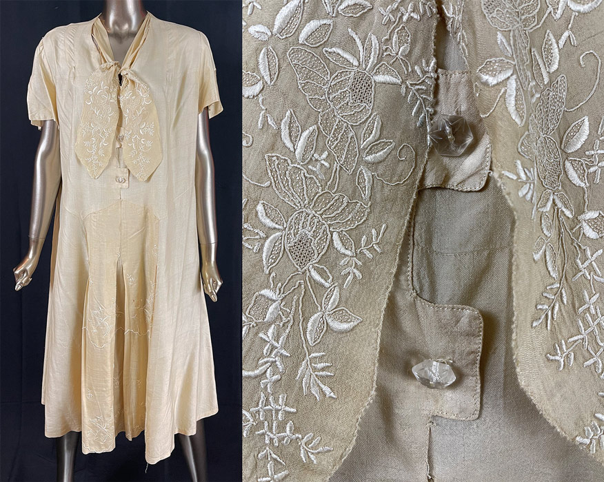 Vintage Pongee Raw Silk Drawn Thread Work French Knot Embroidery Tie Neck Dress
