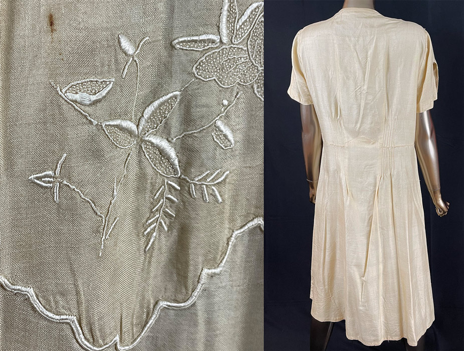 Vintage Pongee Raw Silk Drawn Thread Work French Knot Embroidery Tie Neck Dress
It is in good condition, with only a tiny faint age spot stain on the front skirt (see close-up). This is truly a wonderful piece of Art Deco wearable art.